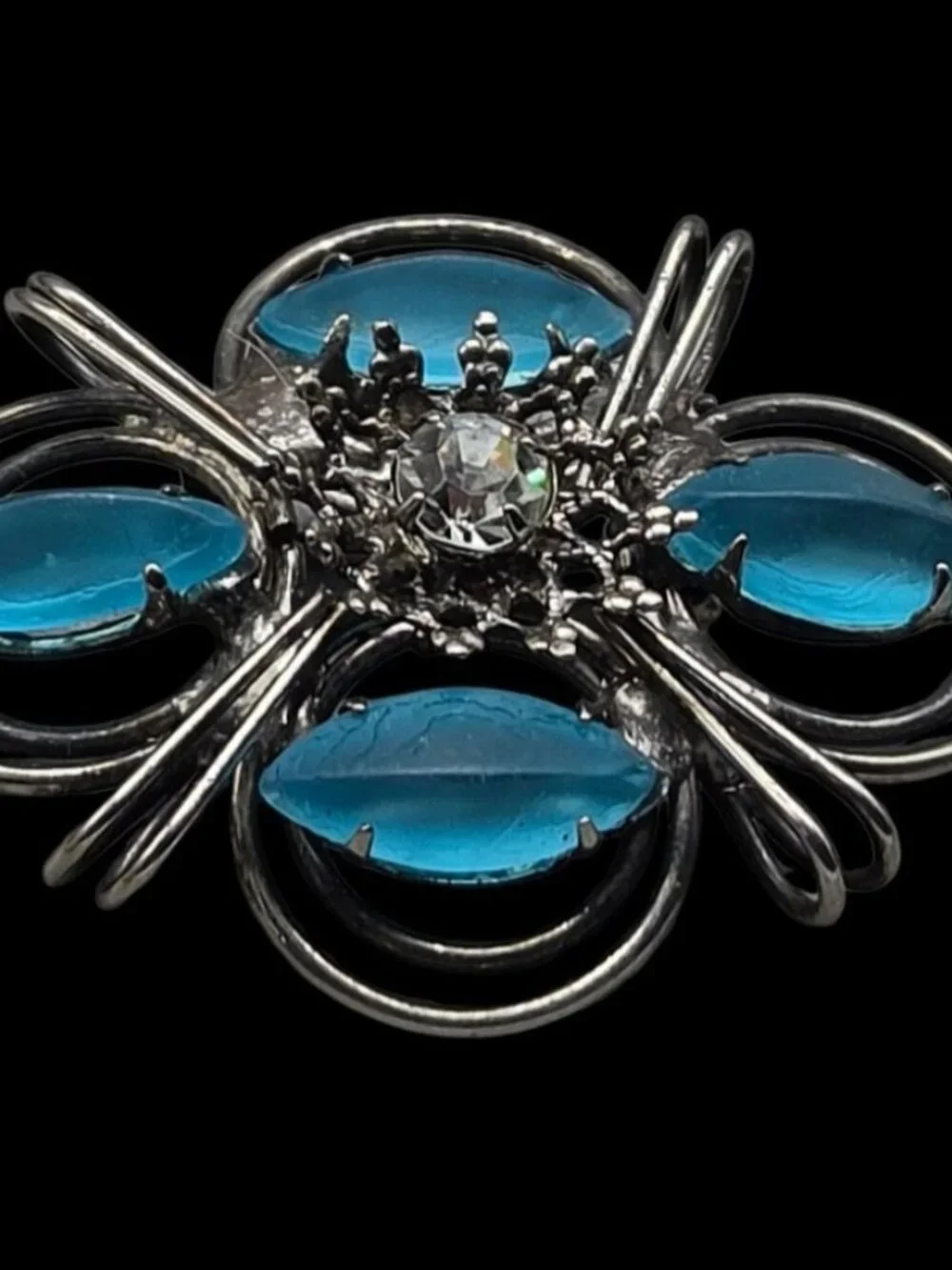 Vintage Frosted Blue Marquise Glass Brooch Wire Wrap Central Rhinestone1980s